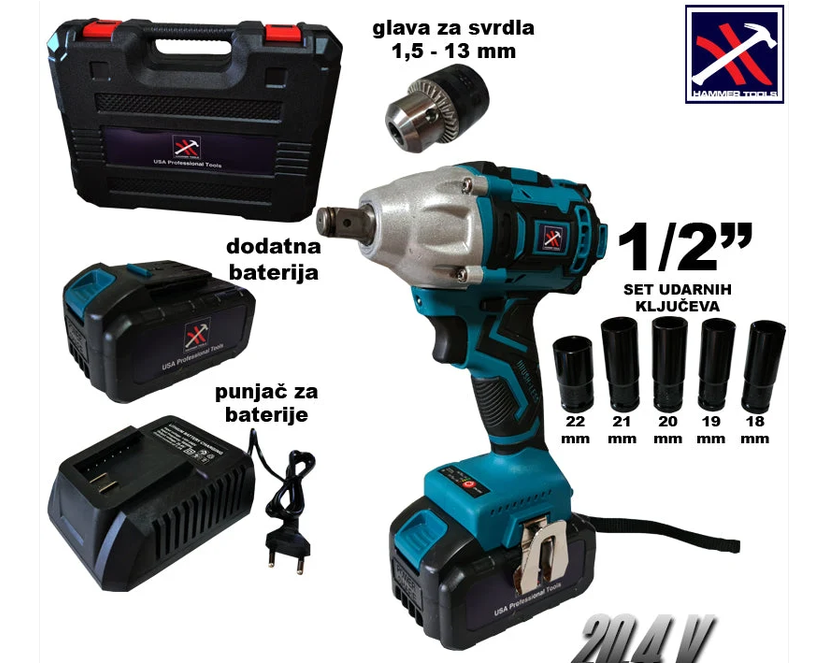 Hammer Tools Aku odvijač X2 Li-ion baterije + glava za svrdla 1,5-13mm + 5 bitova 18,19,20,21,22mm